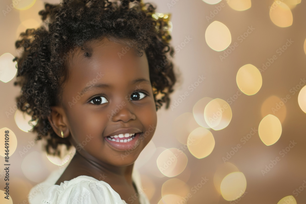 Bright-eyed and beaming, a little girl stands against a bokeh-lit background, her curly hair framing her face in soft, joyous curls. Bright-eyed and beaming, a little girl stands against a bokeh-lit background, her curly hair framing her face in soft, joyous curls.