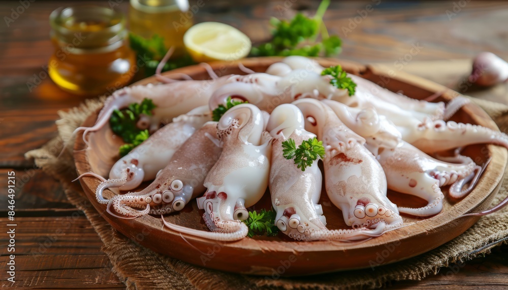 Succulent Squid Served Fresh on a Rustic Wooden Plate - AR 7:4 Succulent Squid Served Fresh on a Rustic Wooden Plate - AR 7:4