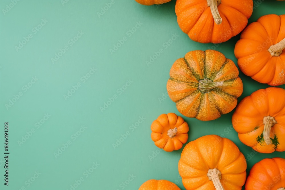 A cluster of small orange pumpkins arranged on a green background, perfect for autumn or Halloween-themed designs. Flat Lay. Copy Space A cluster of small orange pumpkins arranged on a green background, perfect for autumn or Halloween-themed designs. Flat Lay. Copy Space