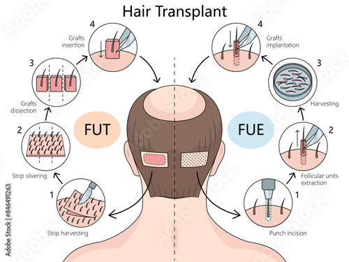 Follicular Unit Transplantation (FUT) and Follicular Unit Extraction (FUE) hair transplant techniques diagram hand drawn schematic vector illustration. Medical science educational illustration
