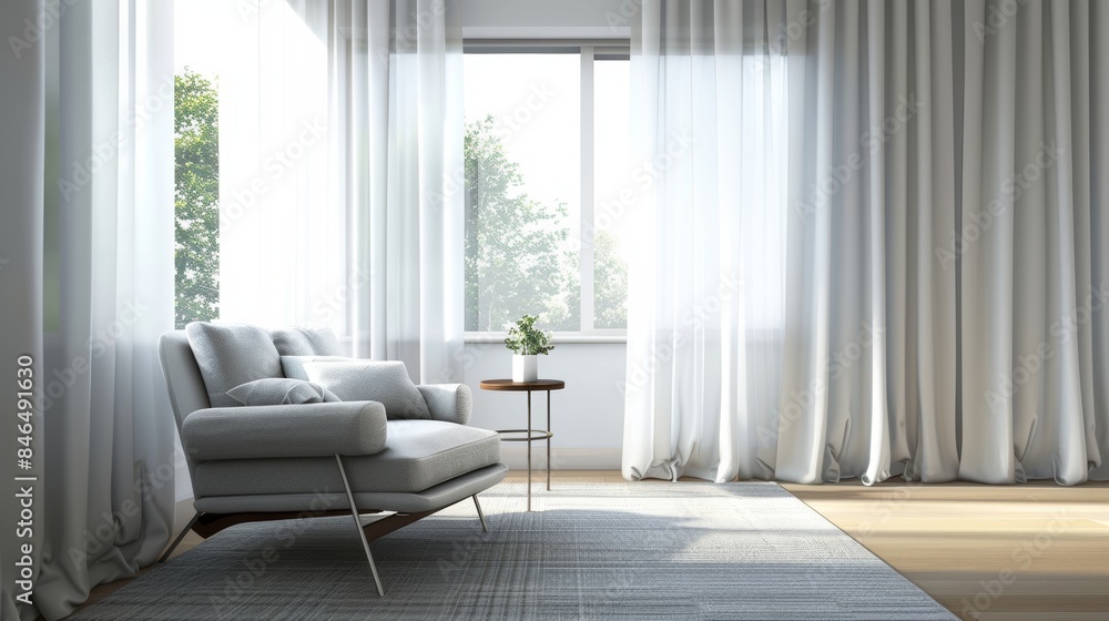 Modern living room interior design of a luxury house with a grey sofa and armchair, a table against a window Modern living room interior design of a luxury house with a grey sofa and armchair, a table against a window