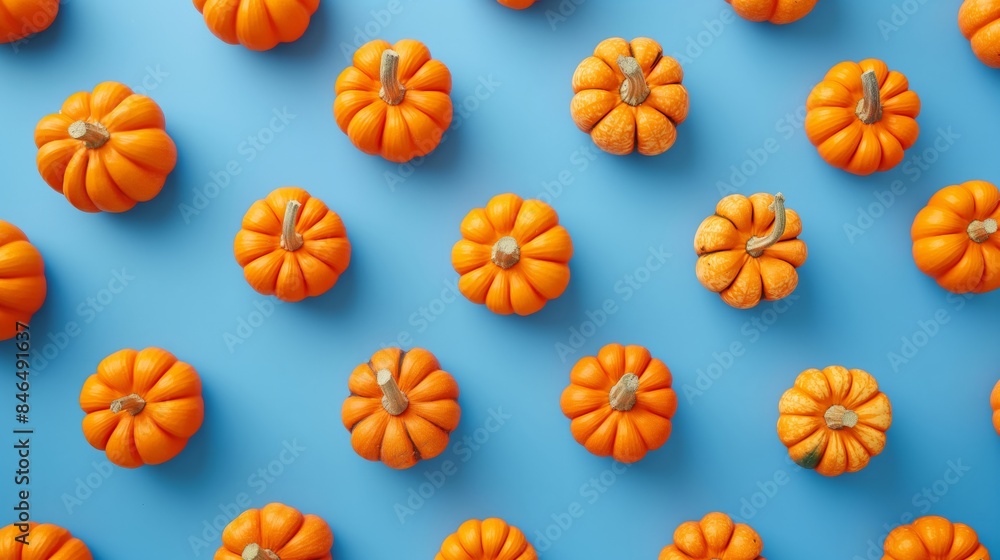 Fototapeta premium A pattern of small orange pumpkins arranged on a blue background, ideal for autumn or Halloween-themed designs.