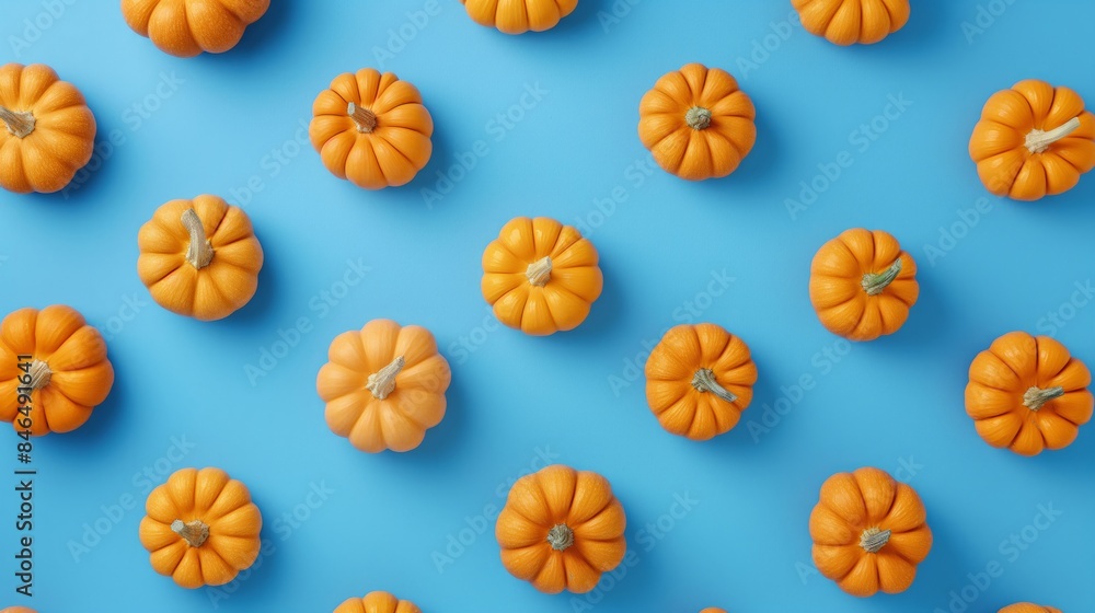 A pattern of small orange pumpkins arranged on a blue background, ideal for autumn or Halloween-themed designs. A pattern of small orange pumpkins arranged on a blue background, ideal for autumn or Halloween-themed designs.
