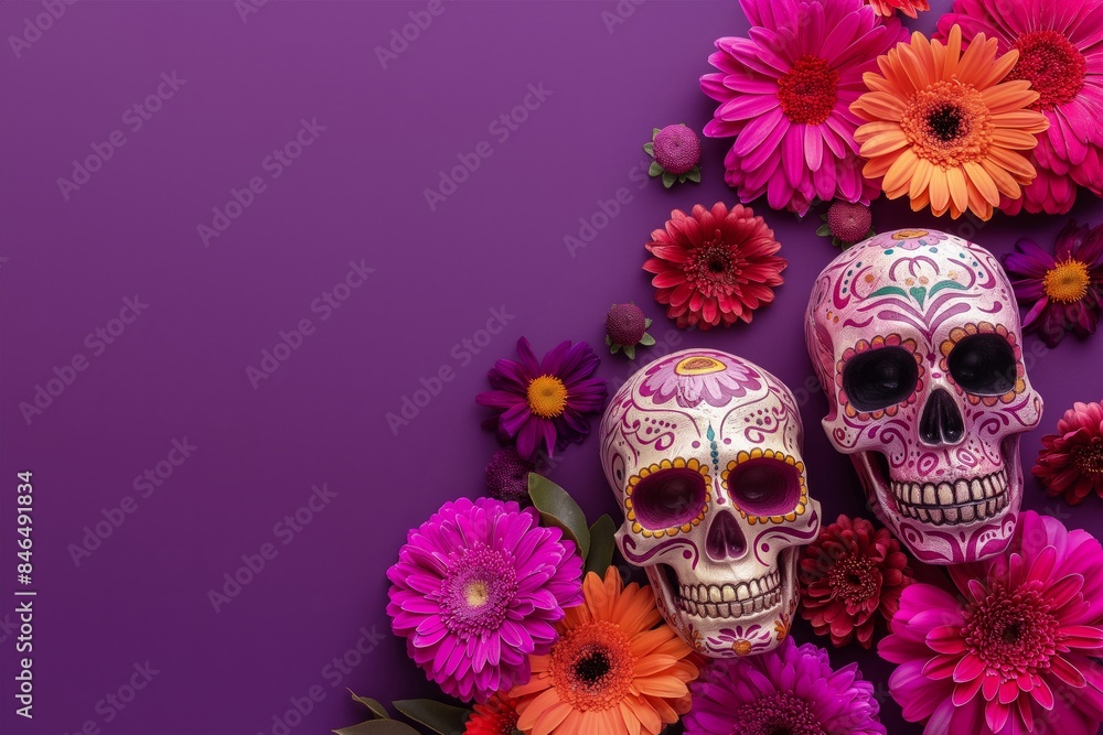 Two colorful skulls with intricate designs and flowers on a purple background, perfect for Day of the Dead or Halloween-themed designs. Flat Lay. Copy Space Two colorful skulls with intricate designs and flowers on a purple background, perfect for Day of the Dead or Halloween-themed designs. Flat Lay. Copy Space