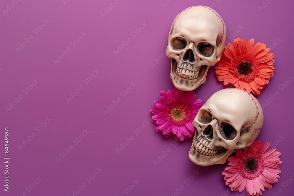 Two decorative skulls adorned with vibrant flowers on a purple background, ideal for Halloween or Day of the Dead-themed designs. Flat Lay. Copy Space Two decorative skulls adorned with vibrant flowers on a purple background, ideal for Halloween or Day of the Dead-themed designs. Flat Lay. Copy Space