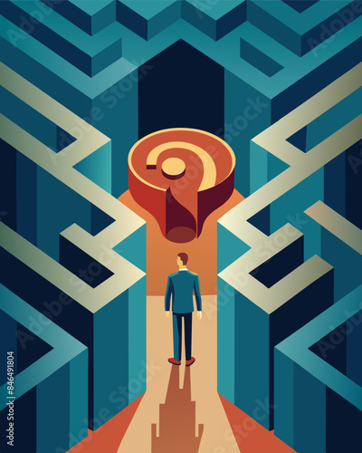 The walls of the mind maze seem to whisper secrets and truths tempting the person to lose themselves even further within its intricate twists and turns.. Vector illustration
