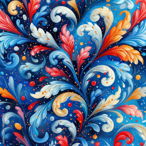 Vibrant Abstract Floral Pattern with Swirling Leaves in Red, Blue, and Orange on Dark Background