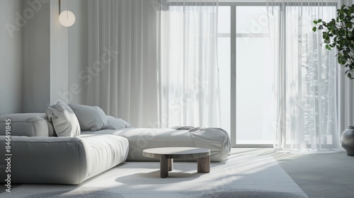 Modern living room interior design of a luxury house with a grey sofa and armchair, a table against a window