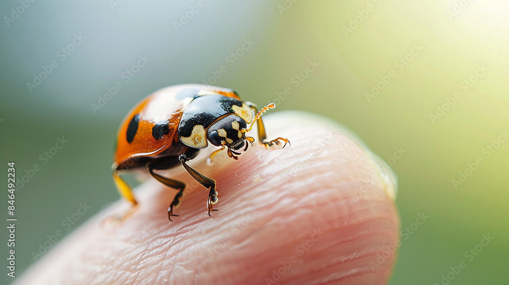 Close-up of a ladybug crawling on a person's finger Close-up of a ladybug crawling on a person's finger