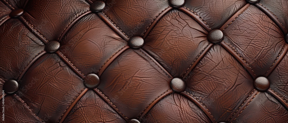 Fototapeta premium Close-up of luxurious brown leather upholstery with button tufting. Ideal for backgrounds or textures in design projects.