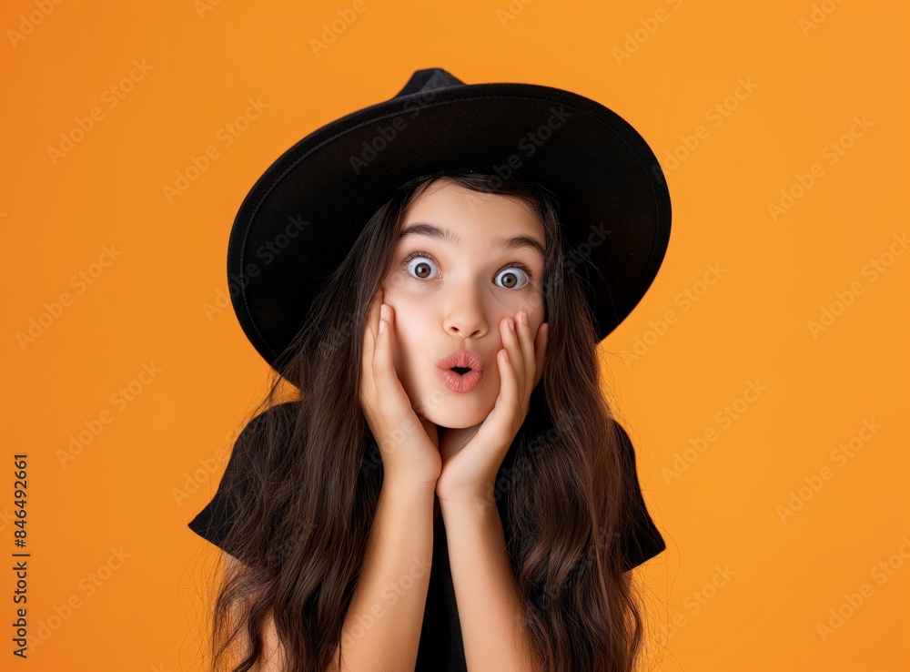 A surprised young girl wearing a witch hat and black dress against an orange background, ideal for Halloween-themed designs and festive decorations. A surprised young girl wearing a witch hat and black dress against an orange background, ideal for Halloween-themed designs and festive decorations.