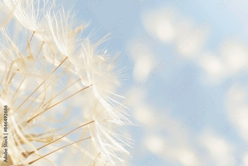 Delicate dandelion seed in close up against soft blue sky with seeds dispersing in background Delicate dandelion seed in close up against soft blue sky with seeds dispersing in background