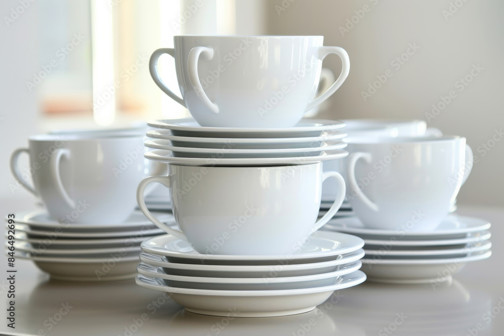 Neatly stacked white cups and saucers in a minimalistic, sunlit space, radiating elegance, simplicity, and readiness for communal gatherings. Neatly stacked white cups and saucers in a minimalistic, sunlit space, radiating elegance, simplicity, and readiness for communal gatherings.