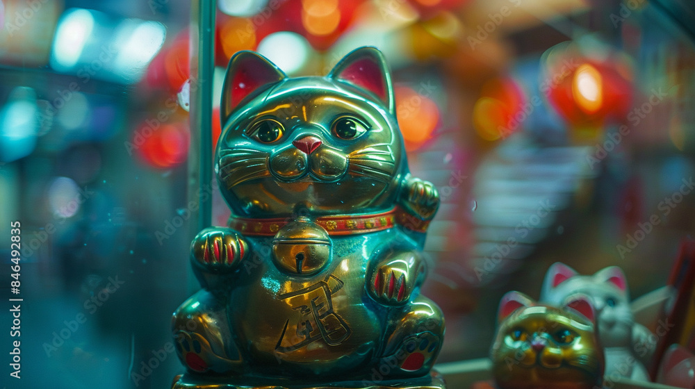 Fototapeta premium Close-up of a maneki-neko (beckoning cat) statue in a shop window