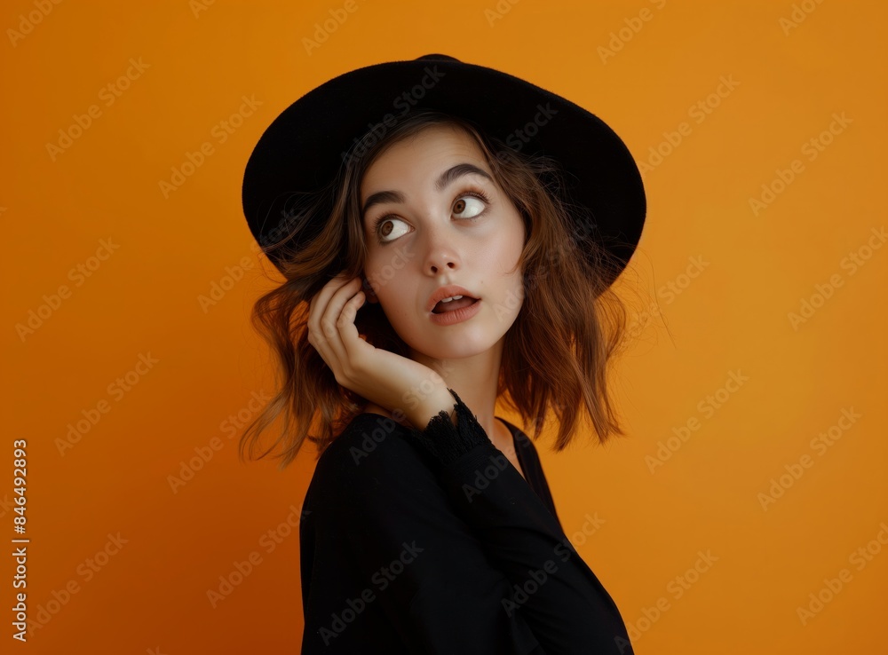 A young woman wearing a black witch hat and dress, looking thoughtful against an orange background, ideal for Halloween-themed designs and festive decorations. A young woman wearing a black witch hat and dress, looking thoughtful against an orange background, ideal for Halloween-themed designs and festive decorations.