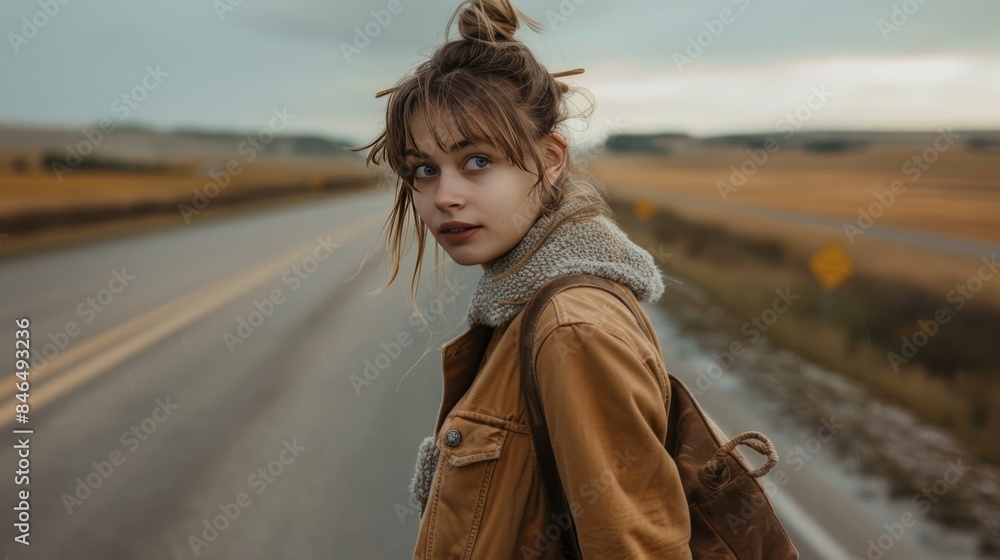 A young woman with a backpack walks down a deserted rural road, capturing the essence of autumn and adventure. A young woman with a backpack walks down a deserted rural road, capturing the essence of autumn and adventure.