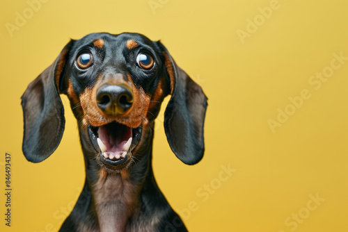 A cute, happy dachshund dog with wide eyes and an excited expression poses against a vibrant yellow background, radiating joy and playfulness.