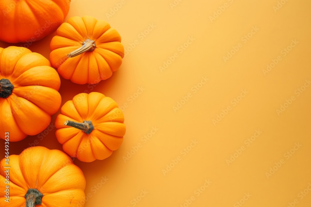 Group of pumpkins arranged on an orange background, ideal for Halloween or autumn-themed designs and festive decorations. Flat Lay. Copy Space Group of pumpkins arranged on an orange background, ideal for Halloween or autumn-themed designs and festive decorations. Flat Lay. Copy Space