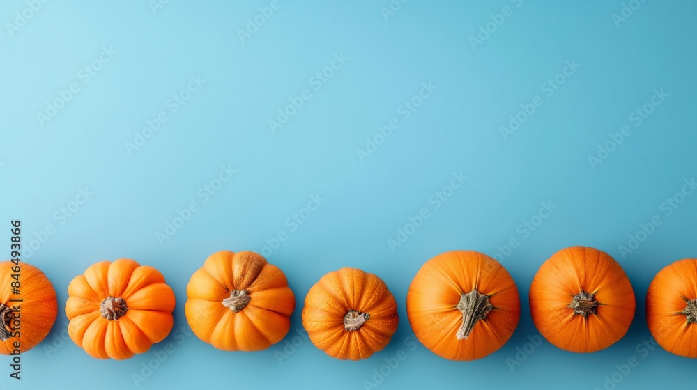 A row of pumpkins lined up against a blue background, ideal for Halloween or autumn-themed designs and festive decorations. Flat Lay. Copy Space A row of pumpkins lined up against a blue background, ideal for Halloween or autumn-themed designs and festive decorations. Flat Lay. Copy Space