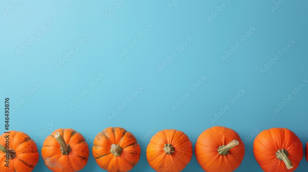 A row of pumpkins lined up against a blue background, ideal for Halloween or autumn-themed designs and festive decorations. Flat Lay. Copy Space A row of pumpkins lined up against a blue background, ideal for Halloween or autumn-themed designs and festive decorations. Flat Lay. Copy Space