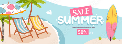 Summer discount promotion banner. Vector template with summer cute elements