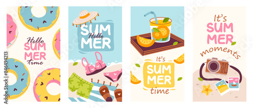 "Hello summer" slogan, summer banner or poster. Vector template with summer cute elements