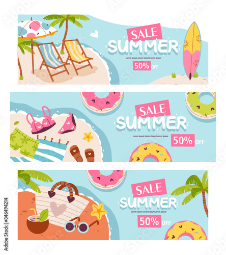 Summer discount promotion banner. Vector template with summer cute elements