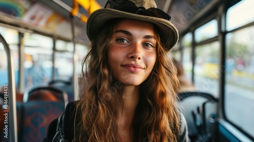 Beautiful young woman with a bike on the bus.