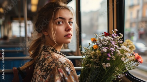 Beautiful young woman with a bouquet of flowers on the tram.