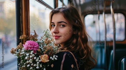 Beautiful woman traveling by tram with a bouquet of flowers.