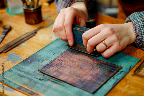 Artist in a printmaking studio carefully inking a large print on a press, surrounded by art supplies and tools, highlighting the creative process and dedication to fine art printmaking. photo