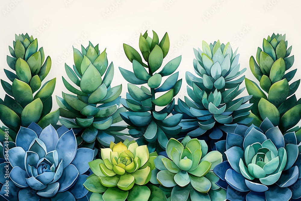 Watercolor illustration featuring a vibrant collection of succulents in various shades of green and blue, creating a serene and natural atmosphere. Watercolor illustration featuring a vibrant collection of succulents in various shades of green and blue, creating a serene and natural atmosphere.