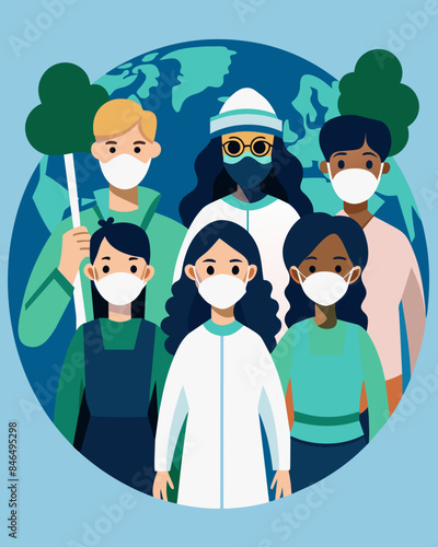 During a protest against pollution activists cover their faces with simple white masks symbolizing the need to protect ourselves and our planet from the harmful effects of. Vector illustration