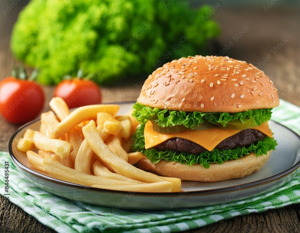 hamburger with fries in a plate hamburger with fries in a plate
