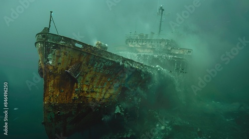 A haunting portrayal of a sunken ship engulfed by a cloud of plastic waste, its rusted hull serving as a stark reminder of the enduring legacy of human activity on the ocean floor, with 35mm film