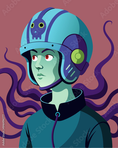 The helmet sat snugly on the persons head tightly wrapped wires resembling tentacles creeping down their face and neck.. Vector illustration