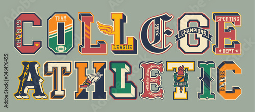 College league athletic department initial font patches vintage vector artwork for boy kid wear shirt sweatshirt print embroidery