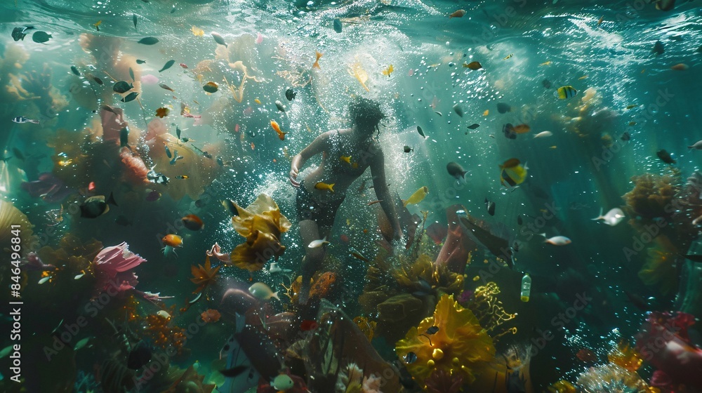Fototapeta premium An immersive underwater tableau teeming with marine life, obscured by a haze of plastic pollution, conveying the urgent need for collective action to preserve our oceans
