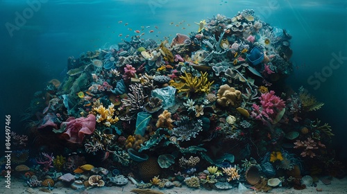Fototapeta Naklejka Na Ścianę i Meble -  A poignant scene depicting a decaying coral reef overrun by invasive plastic debris, evoking a sense of loss and urgency for conservation efforts