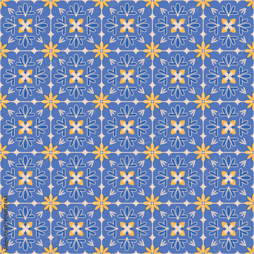 Azulejo mosaic tile pattern. blue, white, yellow colored geometric motifs. Mediterranean, Portuguese, Spanish, Moroccan traditional vintage style vector background