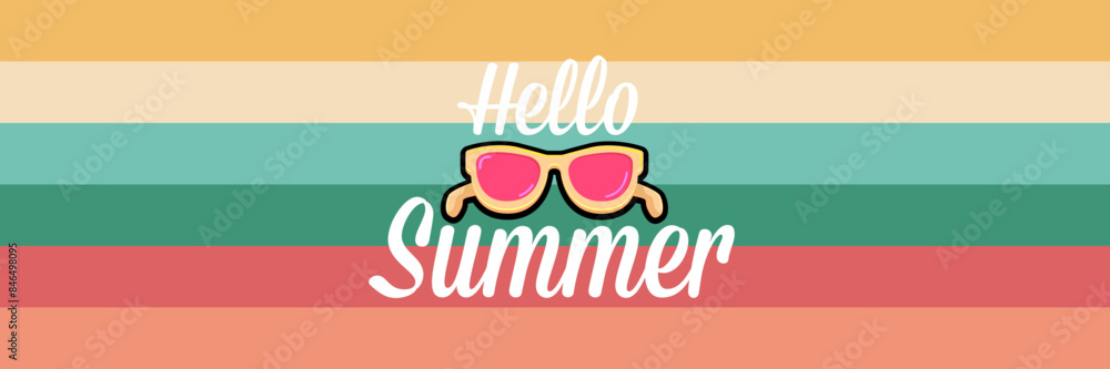 Super Hello summer vector banner with text and retro yellow sunglasses ...