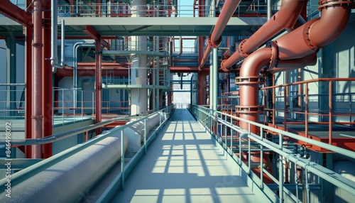 Industrial facility with large red pipes, metal walkways, and complex infrastructure in bright, sunlight. Modern engineering marvel. © narak0rn