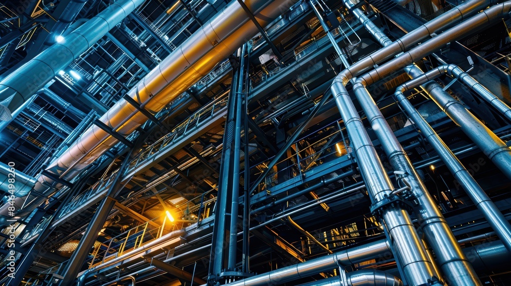 Interior view of an industrial facility showcasing pipes, beams, and structures with a modern mechanical design and engineering precision. Interior view of an industrial facility showcasing pipes, beams, and structures with a modern mechanical design and engineering precision.