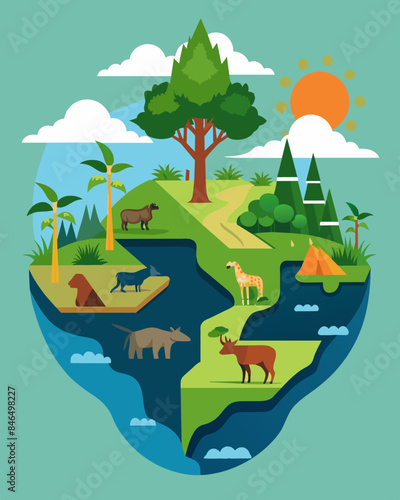 Landscapes once dominated by a diversity of plant and animal species are now homogenized and depleted with monoculture farms and clear forests replacing the natural ecosystem.. Vector illustration