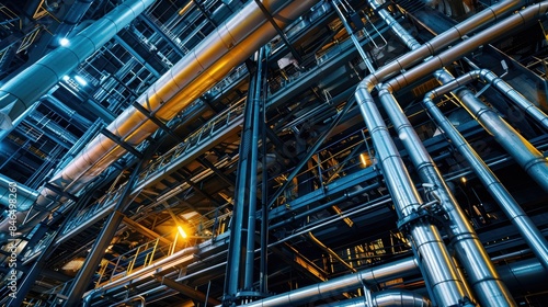 Interior view of an industrial facility showcasing pipes, beams, and structures with a modern mechanical design and engineering precision.