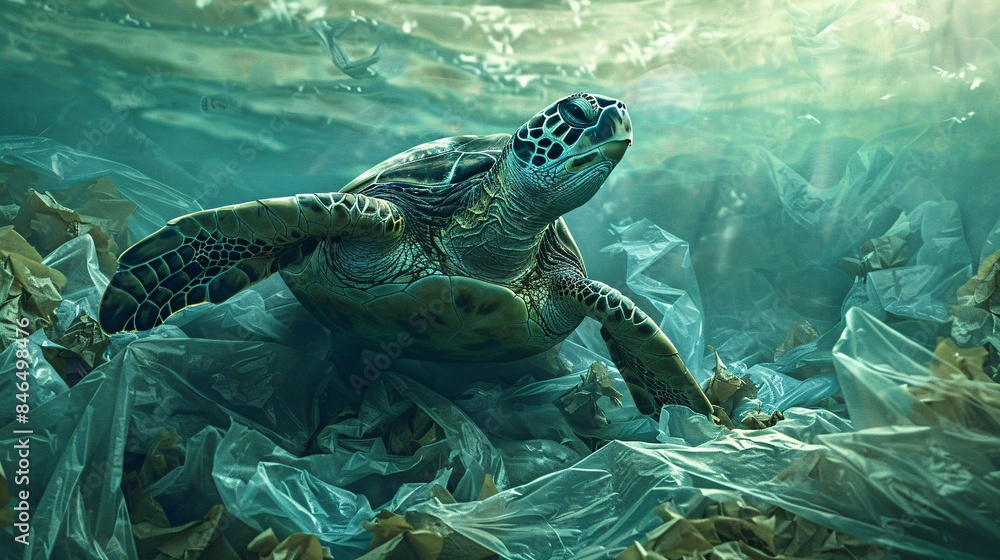 Obraz premium An emotive depiction of a sea turtle struggling to navigate through a sea of plastic bags, highlighting the urgent need for conservation efforts to protect endangered species