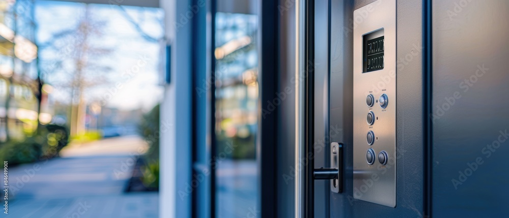 Modern intercom system at the entrance of a contemporary office building, showcasing secured access and sleek design. Modern intercom system at the entrance of a contemporary office building, showcasing secured access and sleek design.