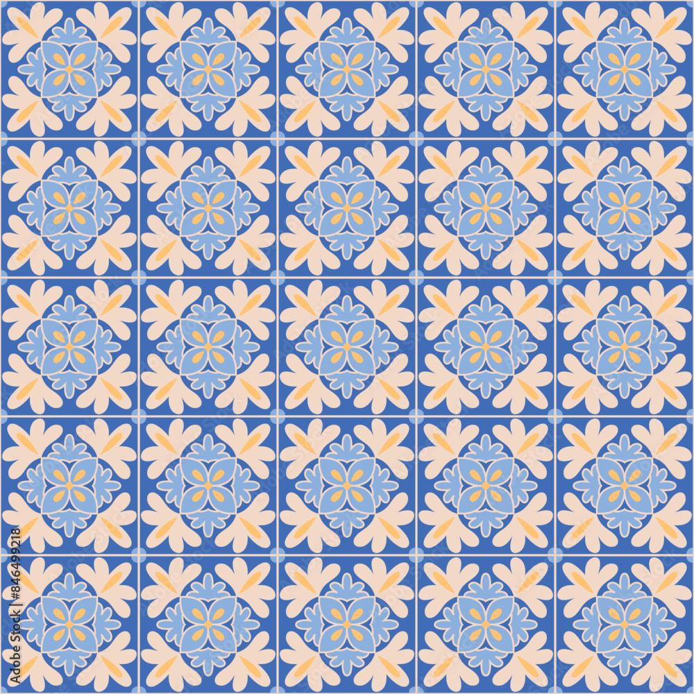 Azulejo mosaic tile pattern. blue, white, yellow colored geometric motifs. Mediterranean, Portuguese, Spanish, Moroccan traditional vintage style vector background Azulejo mosaic tile pattern. blue, white, yellow colored geometric motifs. Mediterranean, Portuguese, Spanish, Moroccan traditional vintage style vector background
