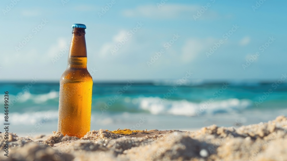 Serene Beach Scene - Beer Bottle Resting in Sand with Ocean Waves Background Serene Beach Scene - Beer Bottle Resting in Sand with Ocean Waves Background