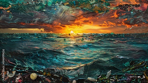 A surreal interpretation of an ocean sunset obscured by a blanket of plastic pollution, its vibrant hues muted by the suffocating presence of marine debris, against a backdrop of quietly morbid photo